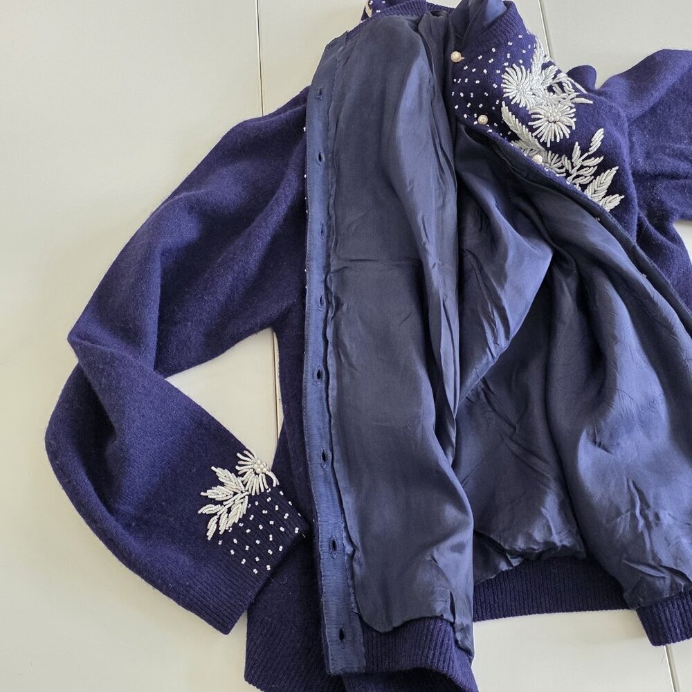 Vtg Embellished Beaded 1960s Cardigan Womens 44 L Blue Lined Floral Art To Wear - Picture 12 of 16